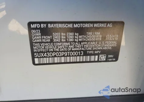 2023 BMW X3 Sdrive30I z USA, uszkodzony, nr VIN 5UX43DP03P9T00013